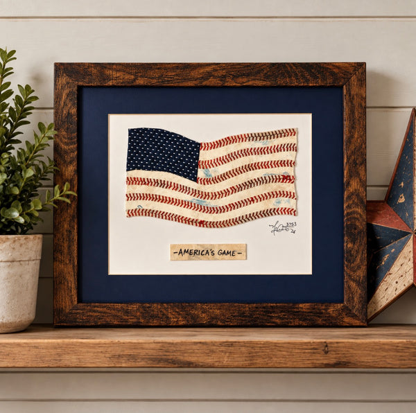 Patriotic Baseball American Flag Style Original Art in 11x14 Brown Frame titled “America’s Game”