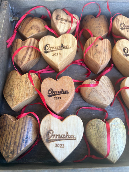 Omaha 2023 Wood Bat Heart Ornaments