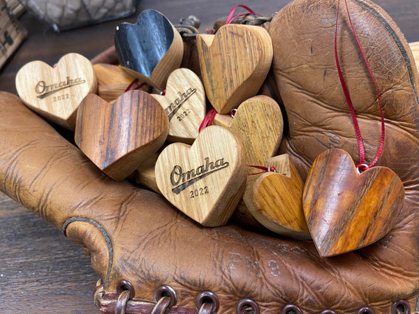 Omaha 2022 Wood Bat Heart Ornaments