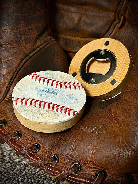 2.5in Wood Magnetic Bottle Opener Handcrafted with Authentic Used Baseballs