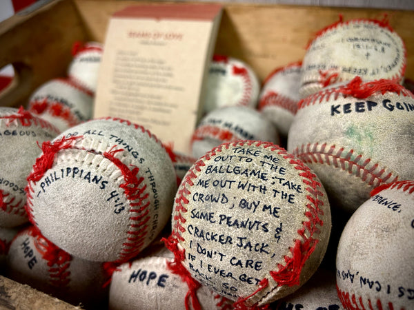 Seams of Love Poem with Tattered Inscribed Baseball