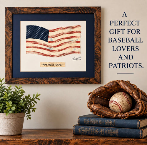 Patriotic Baseball American Flag Style Original Art in 11x14 Brown Frame titled “America’s Game”