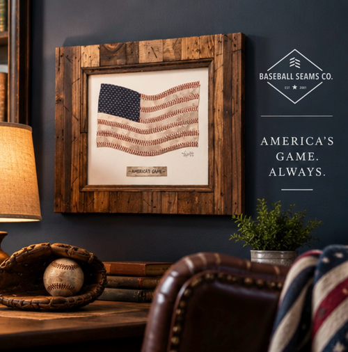 “America’s Game” Baseball Original Artwork in 8x10 Sandlot Style Distressed Wood Plank Frame