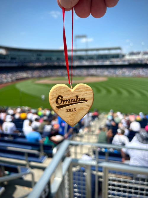 Omaha 2023 Wood Bat Heart Ornaments