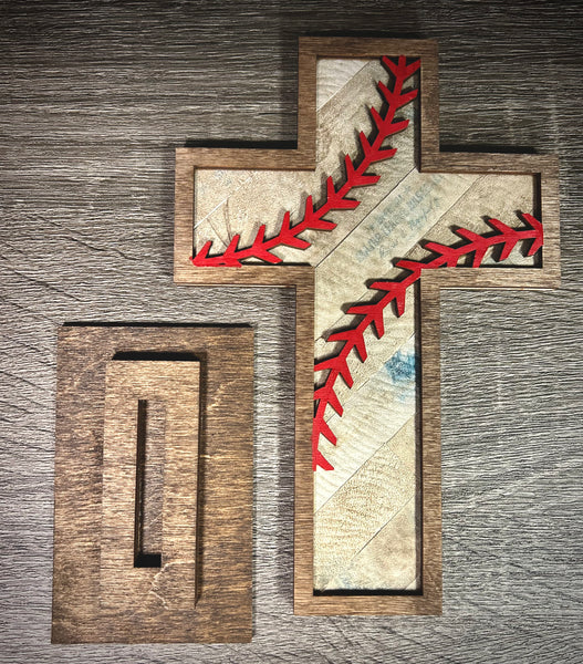 Old Rugged Baseball Softball Cross with Wood Stand