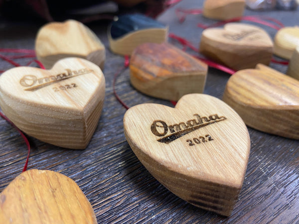 Omaha 2022 Wood Bat Heart Ornaments